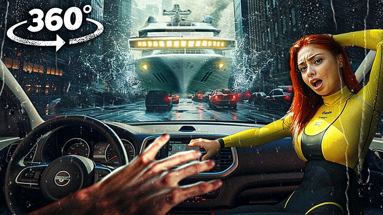 360&deg; Port Thunderstorm - Escape Ship Moved by Flood with Girlfriend in Car VR 360 Video 4K Ultra HD