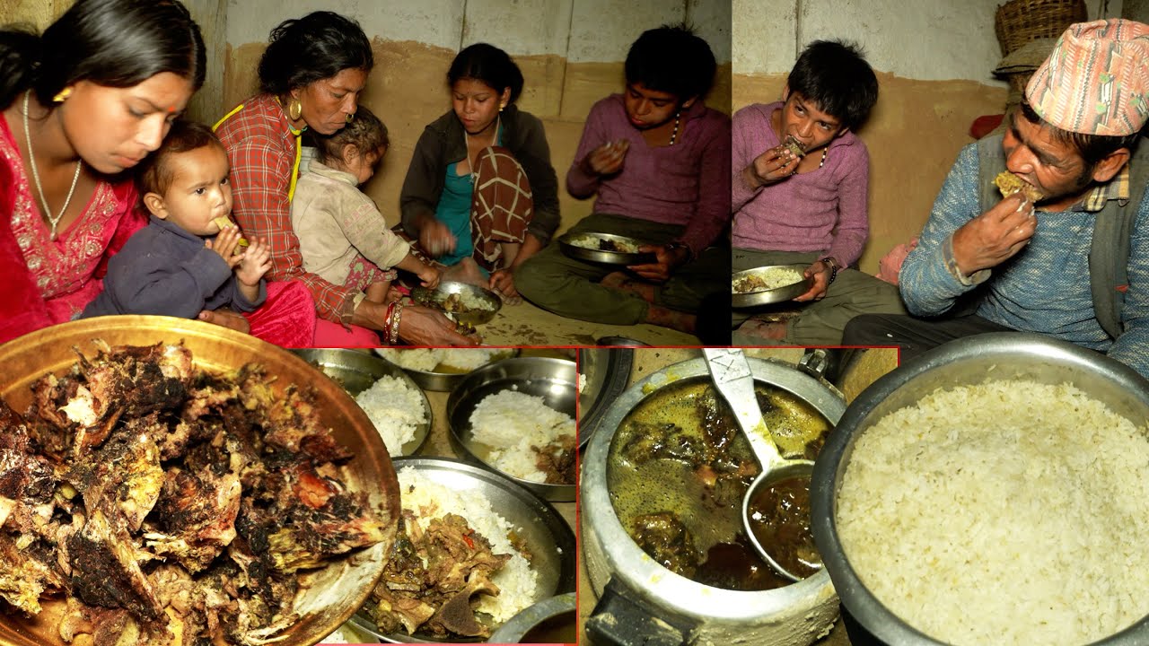dharme family enjoying buff bones curry with rice || rural Nepal || life in the village ||