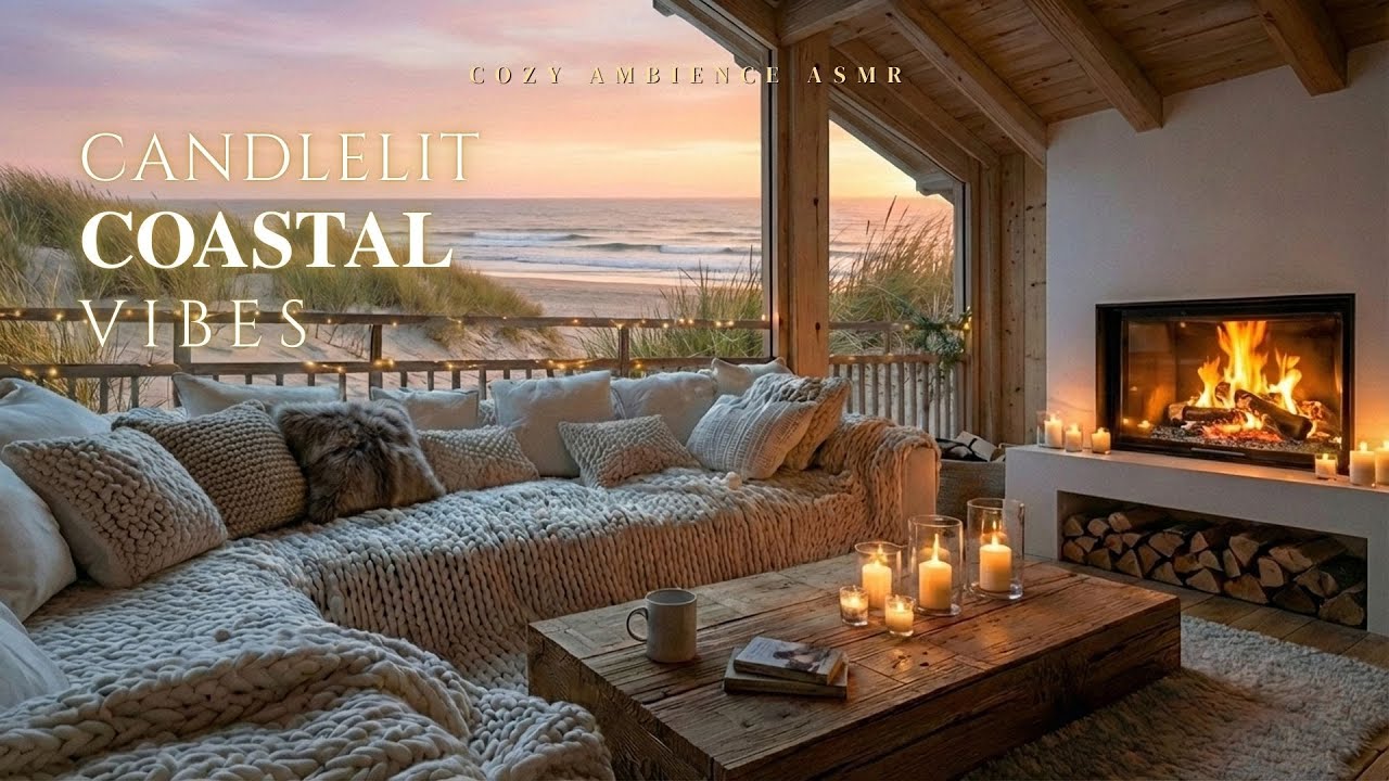 Candlelit Coastal Vibes 🕯️Fireplace Crackle, Gentle Waves & Bird Sounds for Relax, Study & Sleep