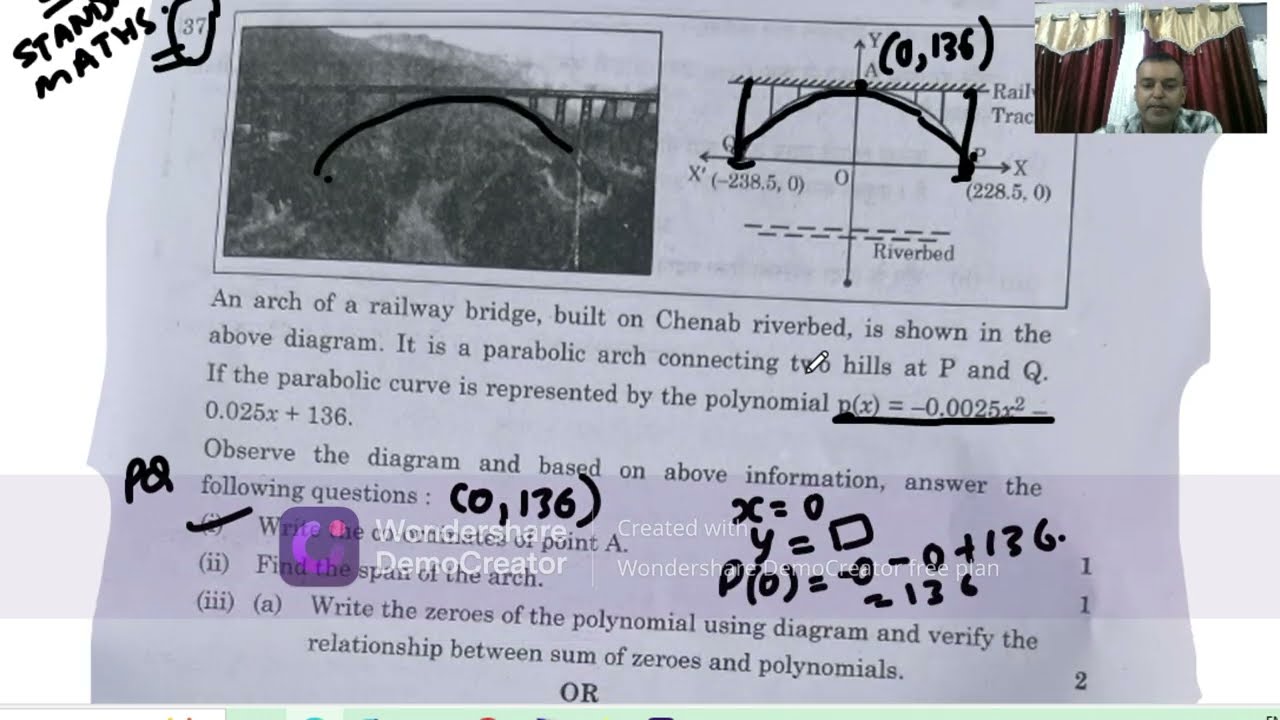 CBSE 2026 Q no. 37 Case Study Problems. To find the coordinate of A, Span of the arch, etc.