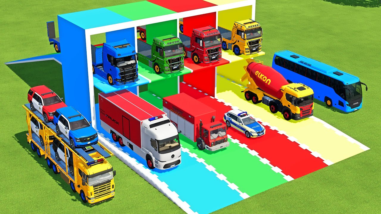 TRANSPORTING MIXER TRUCK, FIRE TRUCK, FIRE DEPARTEMENT, FORD POLICE, AMBULANCE WITH TRUCKS ! FS22