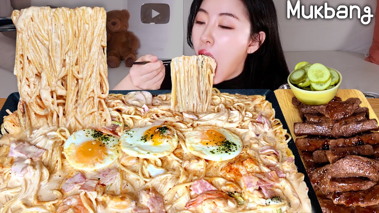 Спечистые креветные макароны и стейк говяди  ㅣREAL MUKBANG▶EATINGSHOWㅣREAL SOUNDㅣ ASMR MUKBANGㅣ