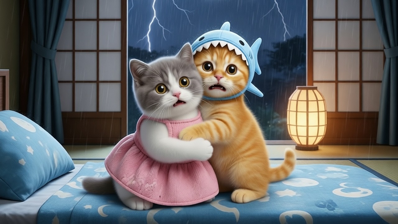 Ginger Kitten & Little Sister Scared Alone During a Thunderstorm Night!!!