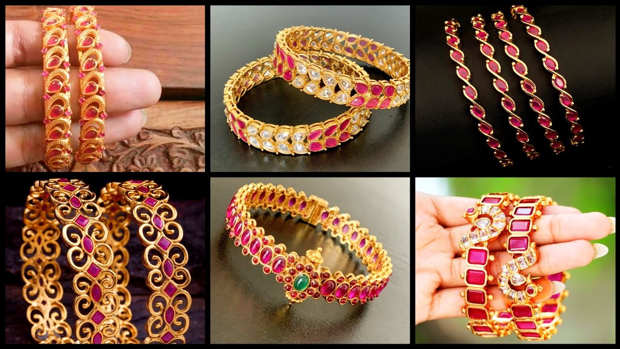 Antique Kemp Stone Bangles/Creative Gold jewellery collection /Trendy designer Ruby Bangle