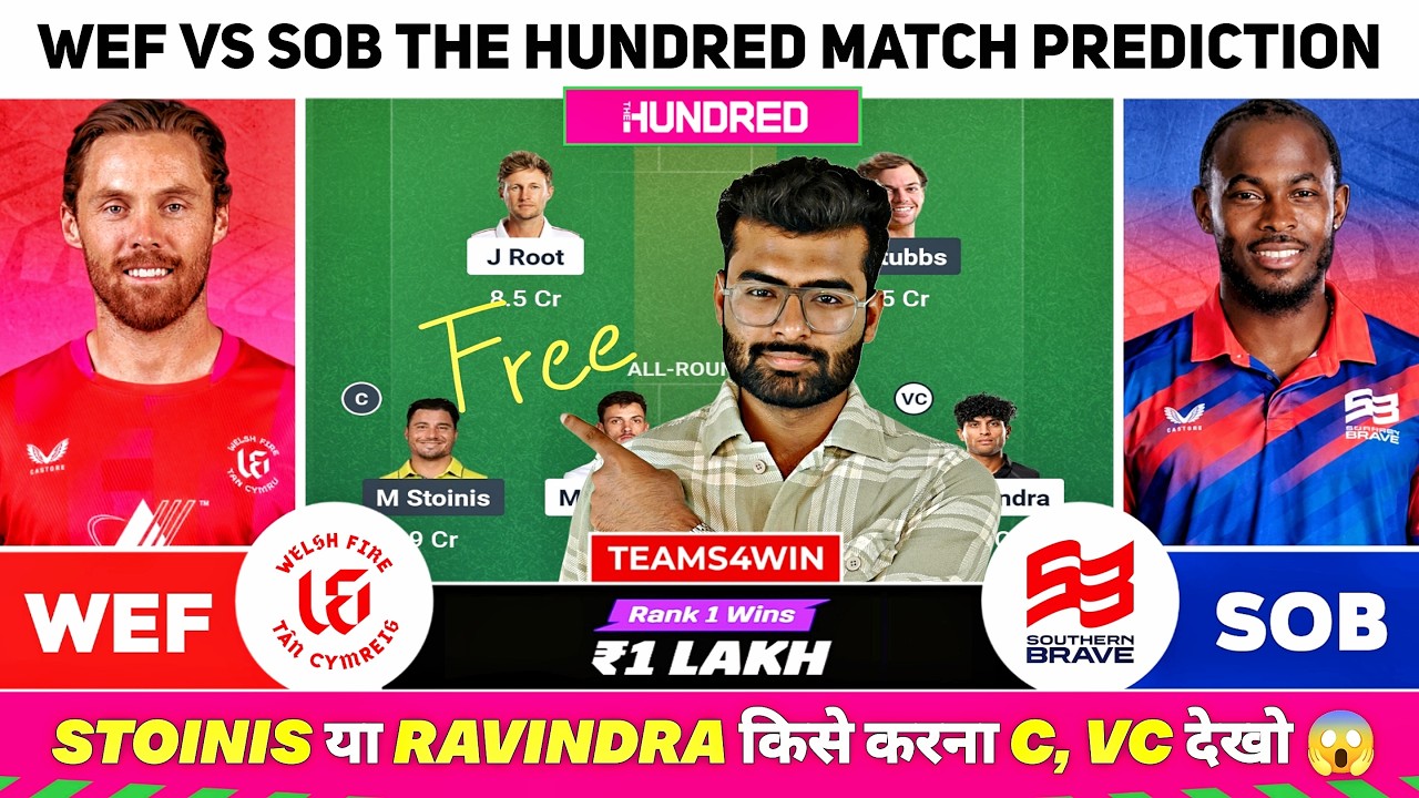WEF vs SOB Dream11 Team, WEF vs SOB Dream11 Prediction, Welsh Fire vs Southern Brave The 100 Team