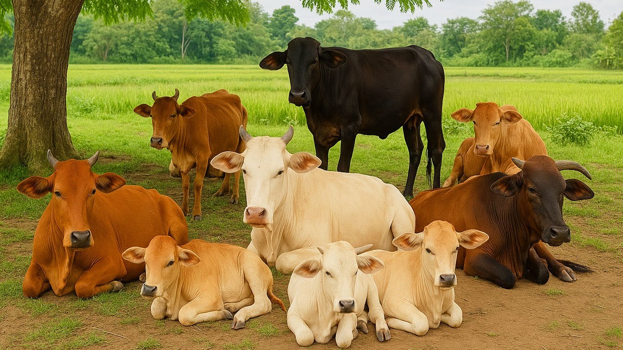 Gembala Kerumunan Sapi Lucu Yang berlari dan melompat Di ladang hijau, Suara Sapi Moo, Sapi merumput