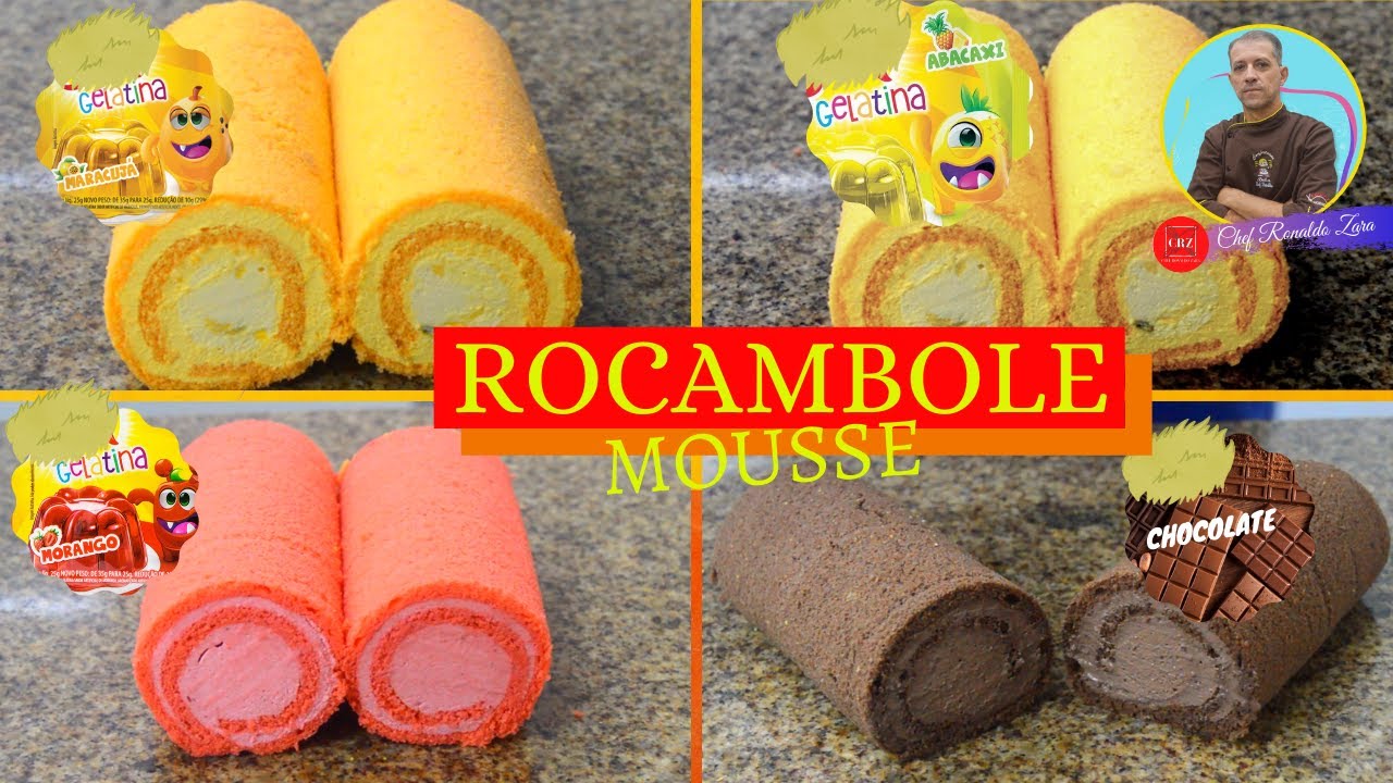 ROCAMBOLE COM MOUSSE - CHOCOLATE - MORANGO - ABACAXI - MARACUJÁ