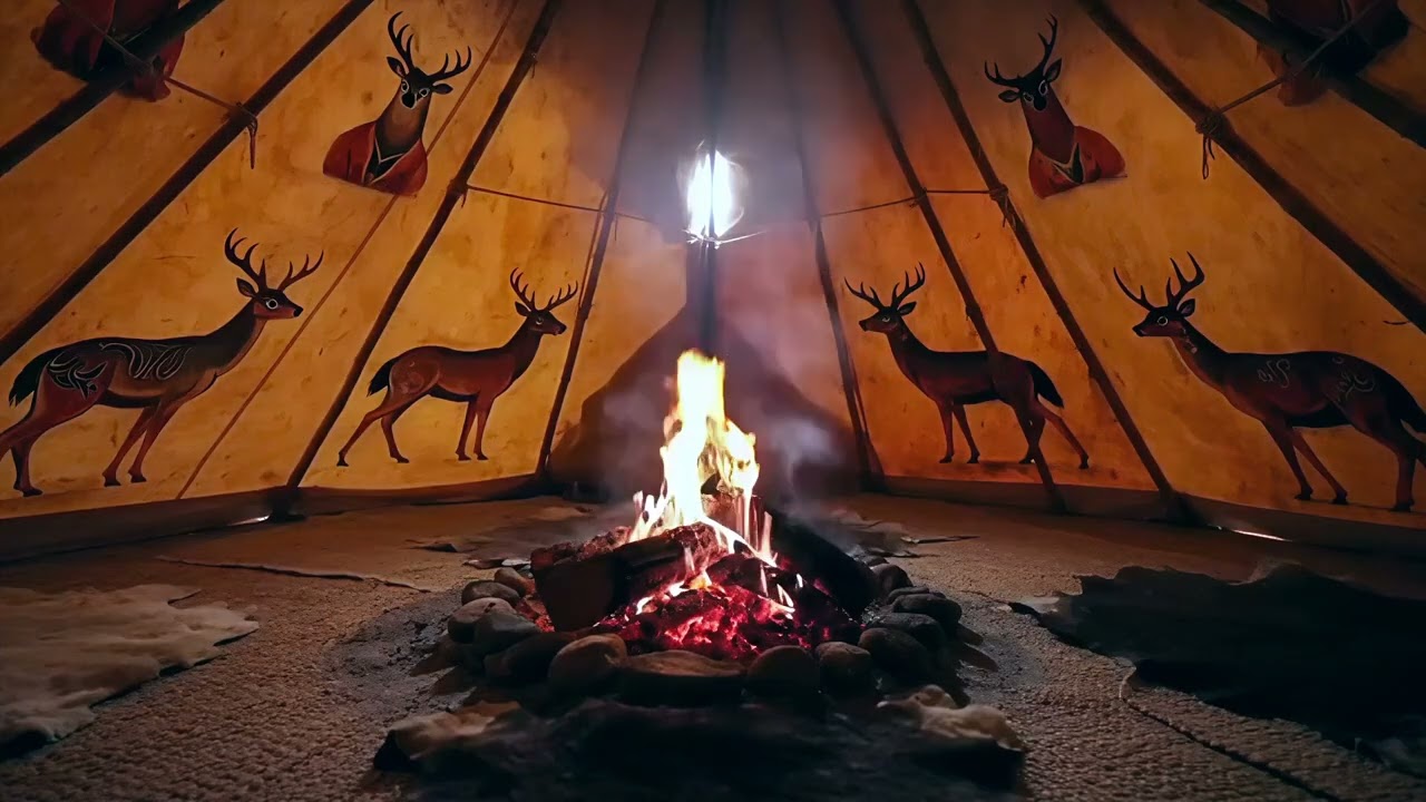 Wilderness Tipi Campfire Ambience Crackling Fire, Howling Wolves, Elk, Owl & Wildlife for Sleep