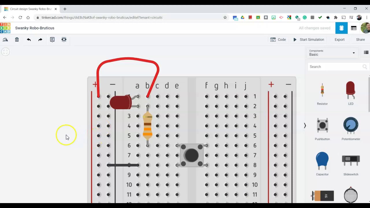 Схема светодиодной кнопки - Tinkercad Circuits