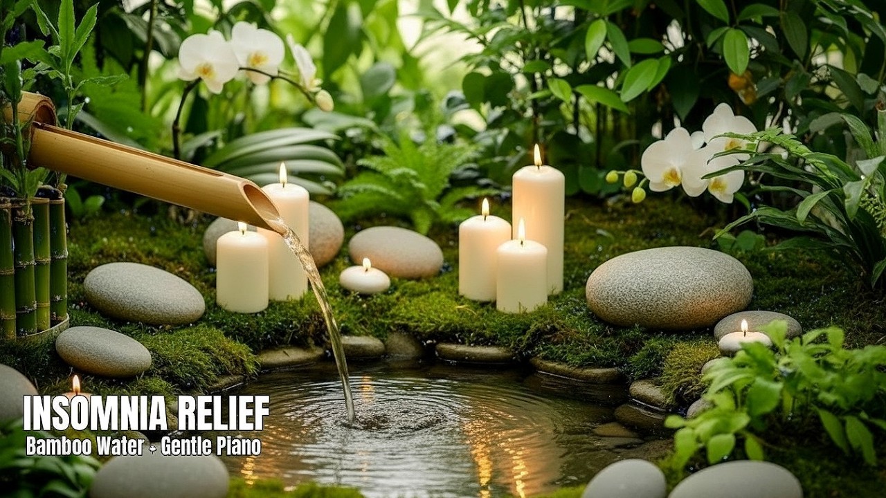 Insomnia Relief: Bamboo Fountain Sounds + Gentle Piano (No Talking) • Live Soundscape