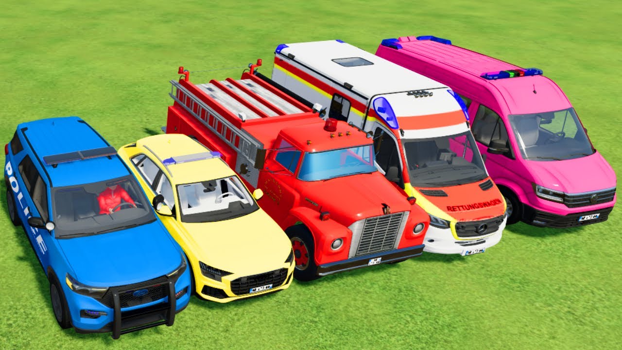TRANSPORTING POLICE CARS, AMBULANCE, FIRE TRUCK, COLORFUL CARS WITH TRUCK -FARMING SIMULATOR 22!,
