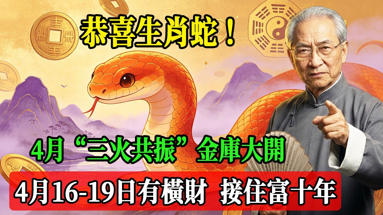 恭喜生肖蛇！2026年4月&ldquo;三火共振&rdquo;金庫大開，4月16-19號有橫財，接住富十年！#南懷瑾  #國學 #易經 #開運 #招財#風水 #2026運勢#屬相 #生肖運勢#生肖命理