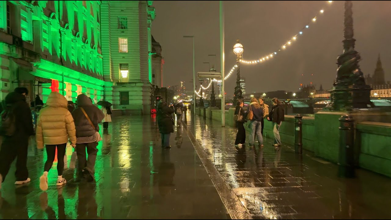 London Rainy Night Walk 4K | Big Ben and London Eye Evening City Tour POV