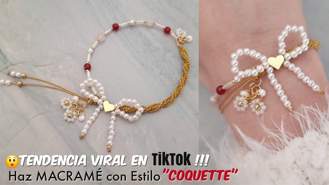Pulsera en MACRAMÉ con LAZO de perlas | Como hacer PULSERA CON LAZO TENDENCIA COQUETTE #coquette