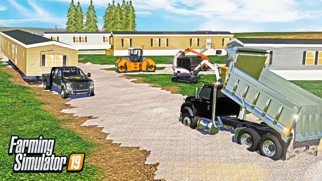 CONSTRUCTING A MOBILE HOME PARK! (HAULING HOMES & SPREADING GRAVEL) | FARMING SIMULATOR 2019