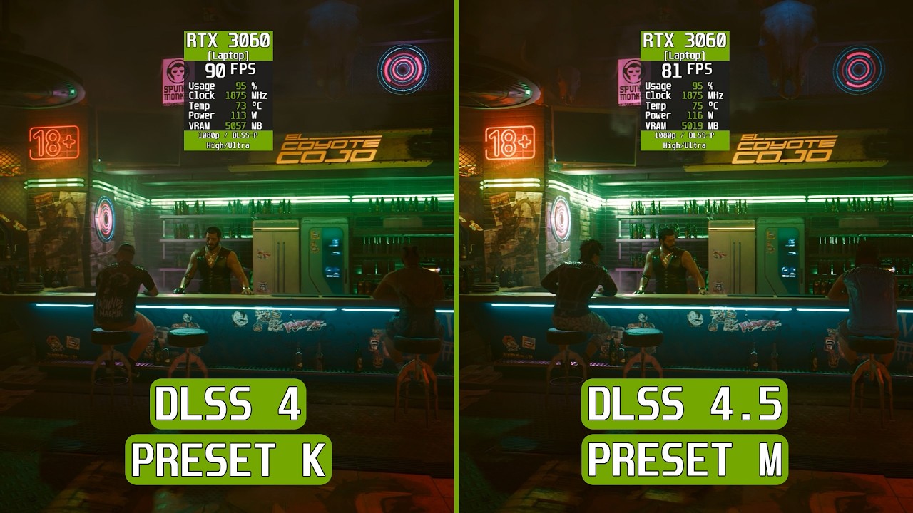 Cyberpunk 2077 DLSS 4 vs 4.5 Performance Mode on a RTX 3060 Laptop at 1080p