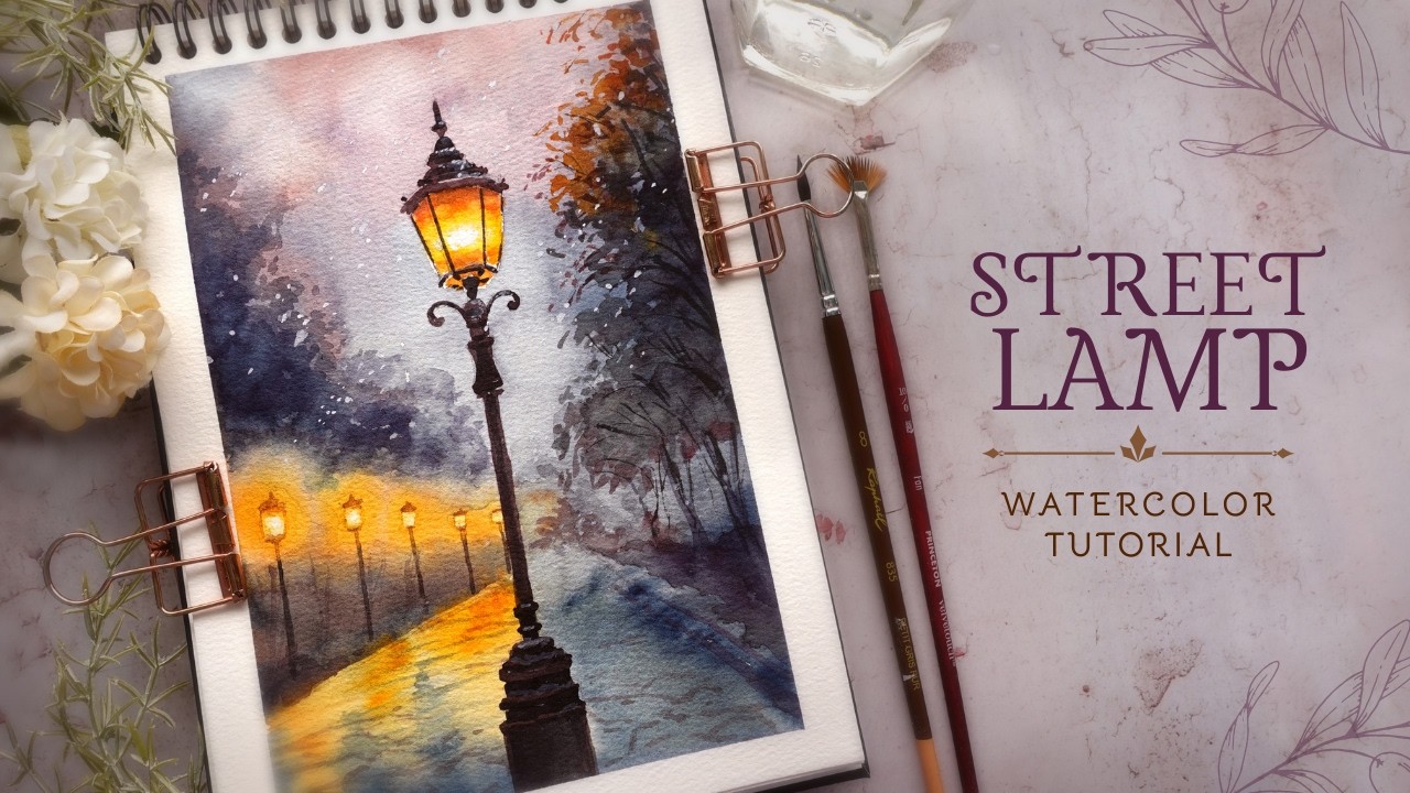 Warm Street Lamp with trickling light snow: Watercolor Tutorial