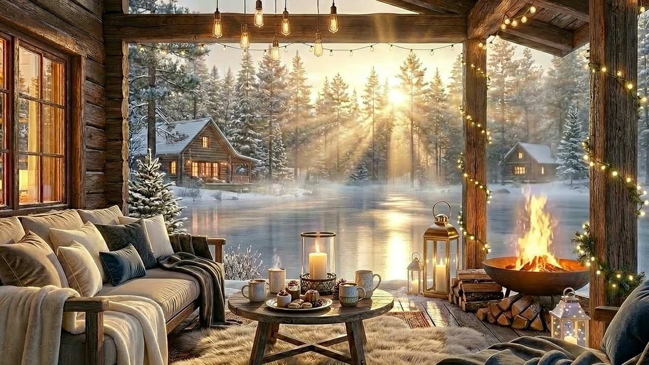 Cozy Lakeside Winter Cabin | Fireplace Sounds & Smooth Jazz | 2 Hour Relaxing Snow Ambience