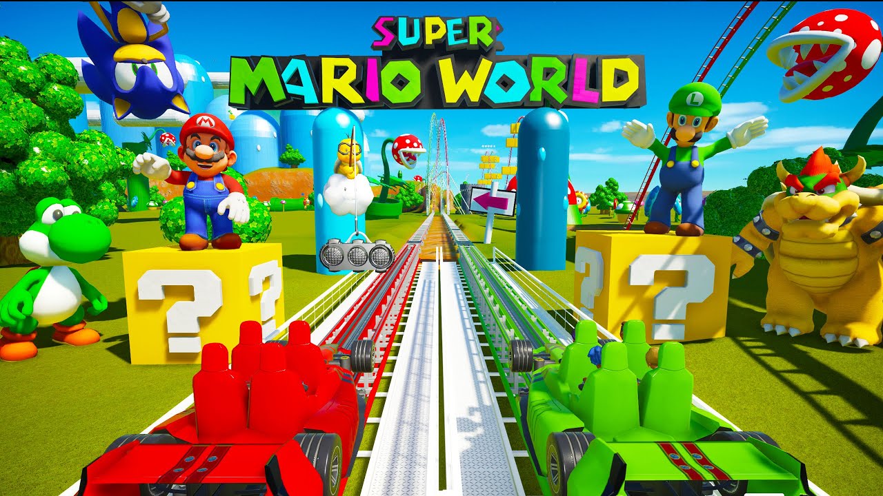 MARIO KART! Mario vs Luigi Dueling Roller Coaster  (POV, Front Seat)