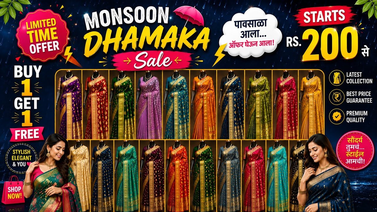 Buy 1 Get 1 Free Saree Sale | Monsoon Offer 2026 🌧️ Starting ₹200