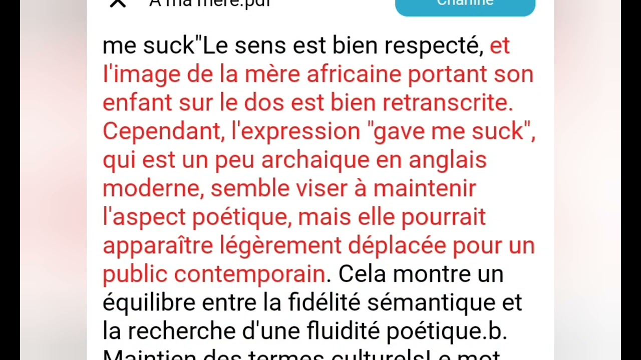 APPRECIATION CRITIQUE DE TRADUCTION DU PO&Egrave;ME &Agrave; MA M&Egrave;RE (Camara Laye) PAR JAMES KIRKUP