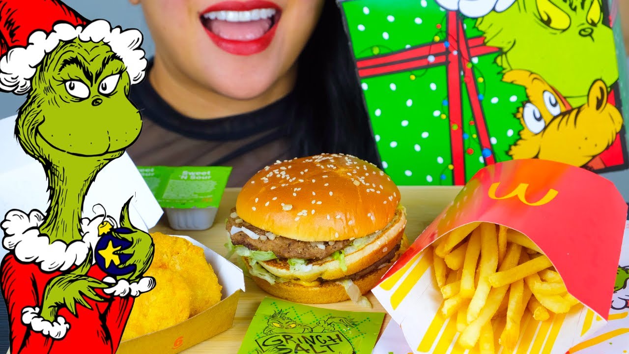 ASMR MCDONALD'S THE GRINCH MEAL (MUKBANG / EATING SOUNDS) | NO TALKING HOLIDAY VIBES