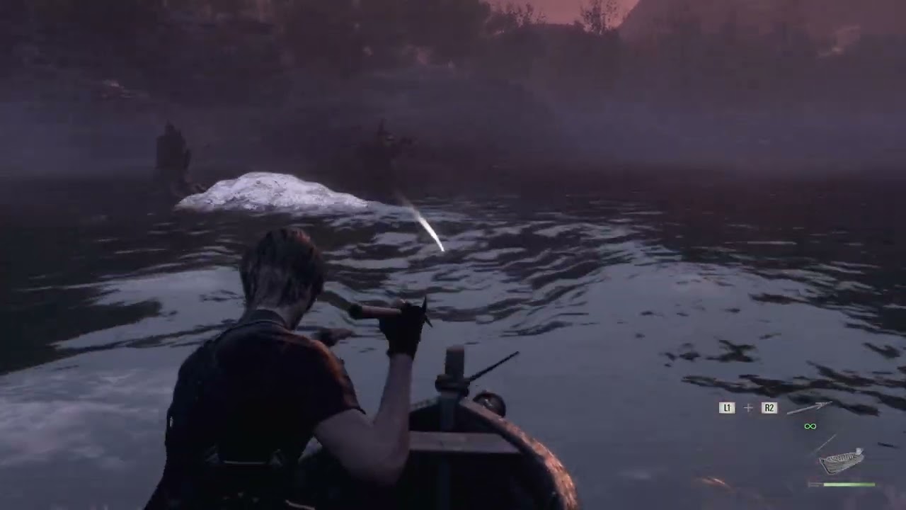 Resident Evil 4 Remake - Chapter 3 Del Lago Lake Boss Fight (Boat & Harpoons) Leon Caughs Cutscene