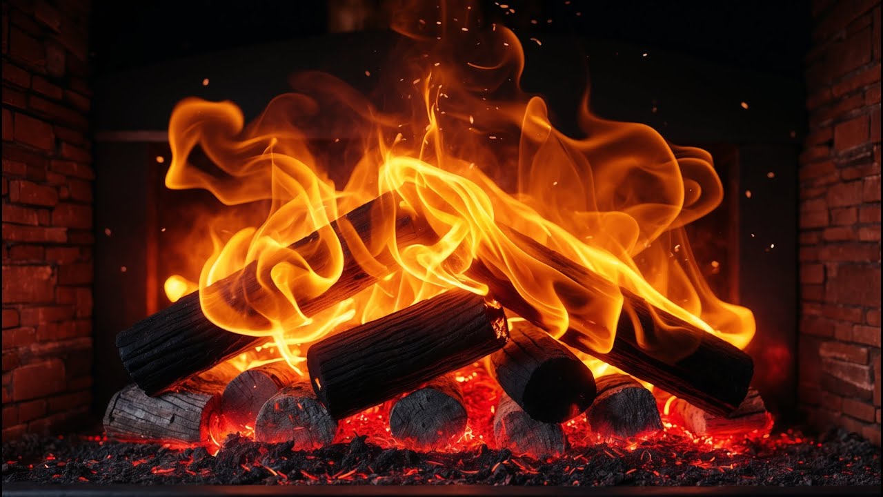 Deep Calm Fireplace Ambience with Tall Golden Flames, Soft Crackling Logs and Brick Warmth