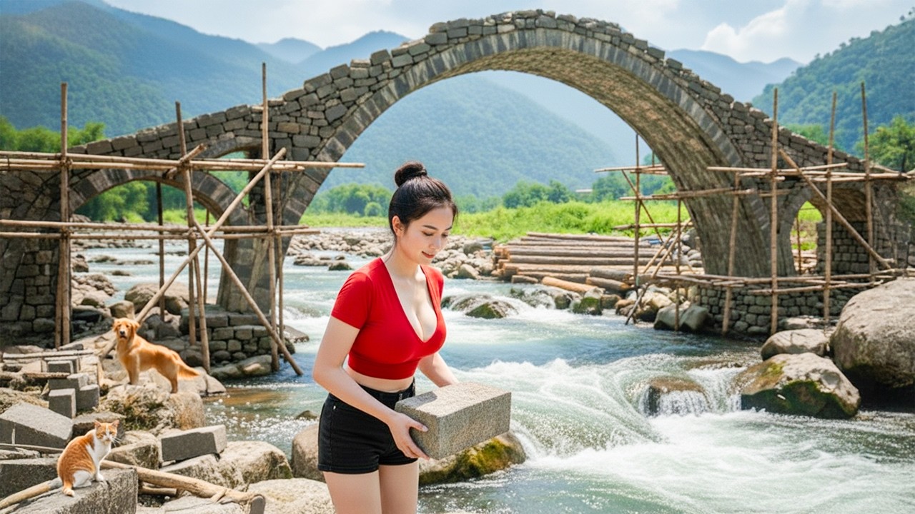 TIMELAPSE - Girl Builds Stone-Framed Wooden Bridge Over Flood in 30 Days