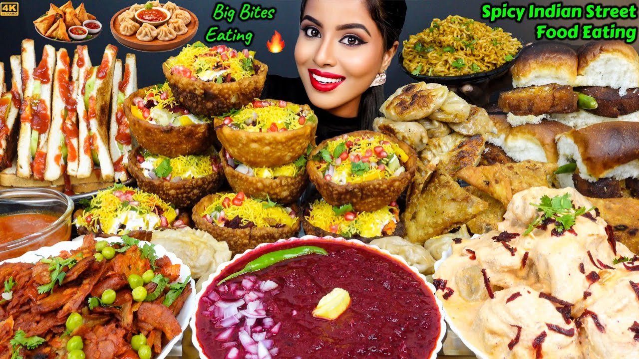 ASMR Eating Spicy Aloo Samosa,Chicken Momos,Maggi,Pav Bhaji Indian Street Food ASMR Eating Mukbang