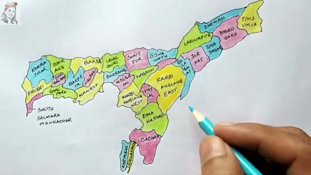 Assam Map Drawing Colour 🗺 With District Name 🗺 Map of Assam Drawing Easy 🗺 How to Draw Map of Assam