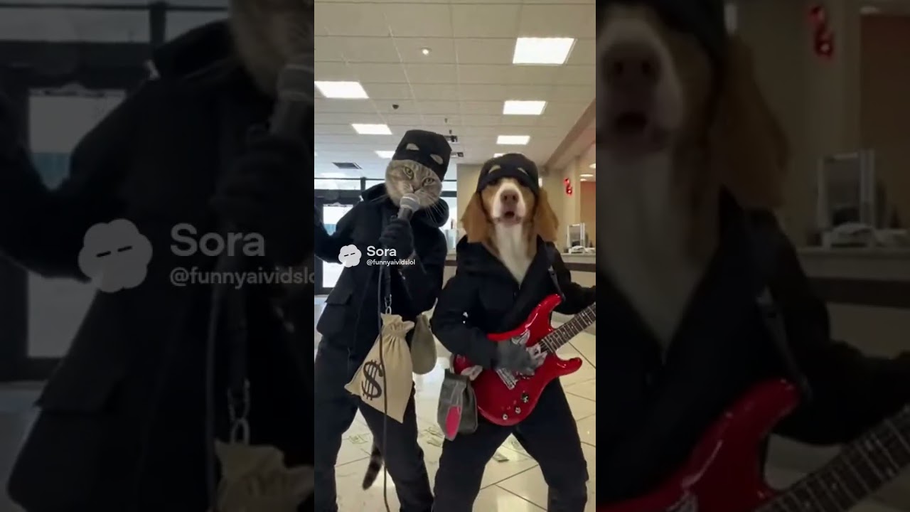 funny cat and dog singing in the bank 🏦