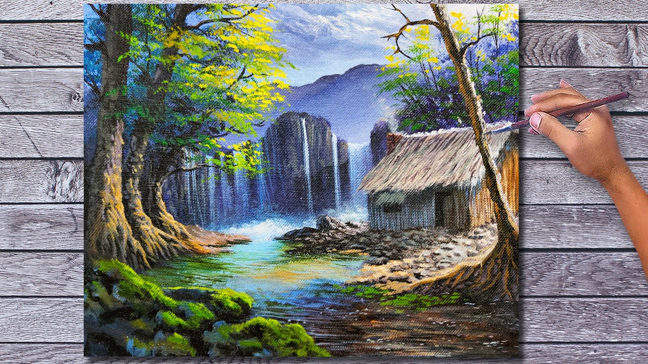 Acrylic Beautiful Landscape Painting Time-lapse / Old Cabin near Waterfalls / Fine Art