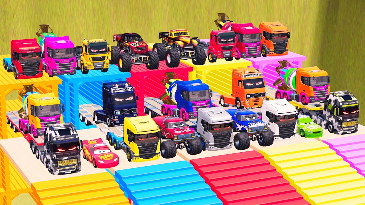 Flatbed Trailer McQueen Transportation with Truck Speedbumps vs Cars vs Train #124