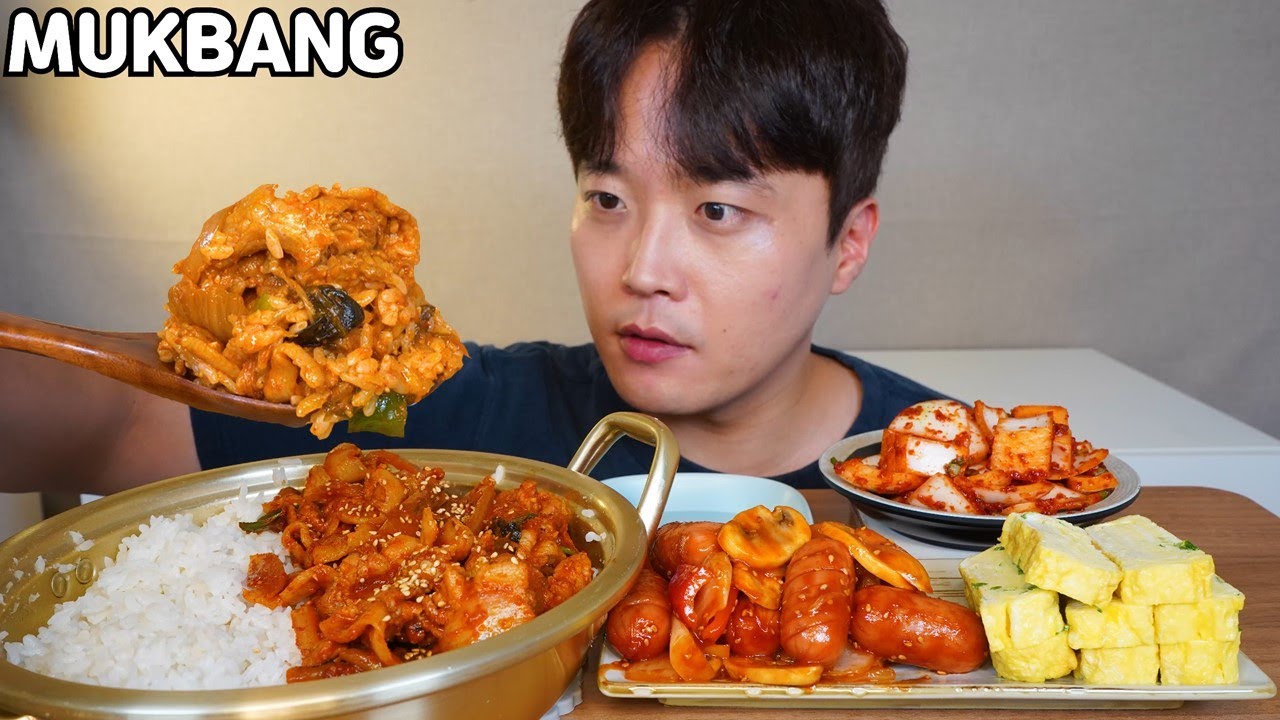 [와차밥]🇰🇷 냄비밥 김치제육 소세지야채볶음 계란말이 양파김치 먹방 Spicy Pork & Sausage Stir Fry ASMR MUKBANG EATING SOUND
