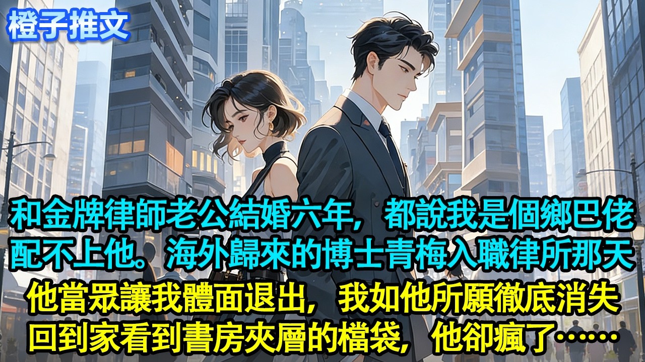 和金牌律師老公結婚六年，人人都說我只是個鄉巴佬配不上他。海歸博士青梅入職律所那天，他當眾讓我體面退出，我如他所願徹底消失。回到家看到書房夾層的檔袋，他卻瘋了#追妻火葬場 #情感 #橙子推文