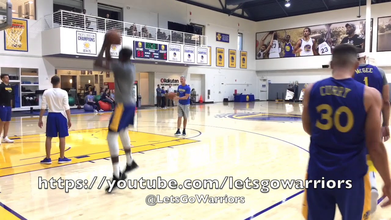 Stephen Curry and Kevin Durant shooting together after Warriors practice, Curry reacts to a miss