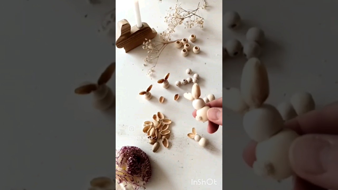 DIY Mini Boho Osterhasen aus Holzkugeln mit Pistazien Ohren und Schleierkranz Stummel easy basteln