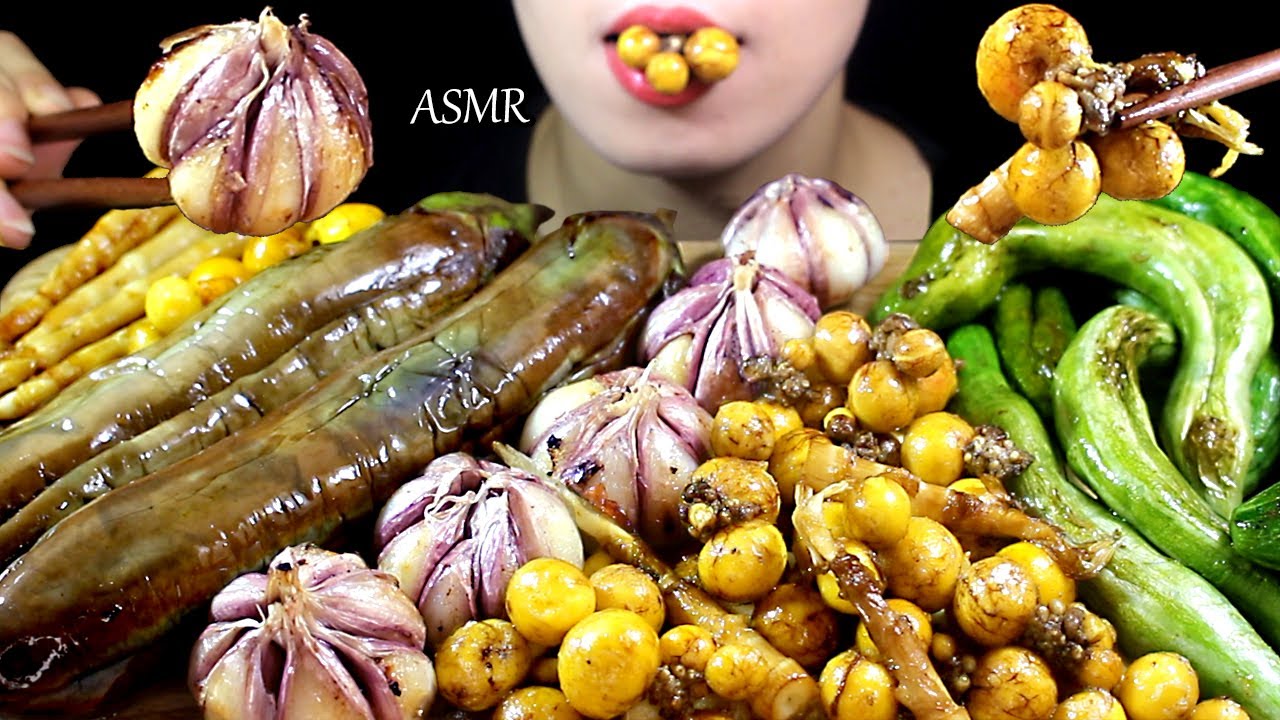 ASMR Fried Birth baby Eggs, Bamboo shoot & Grilled Galic, Eggplant, Snake Loofah.