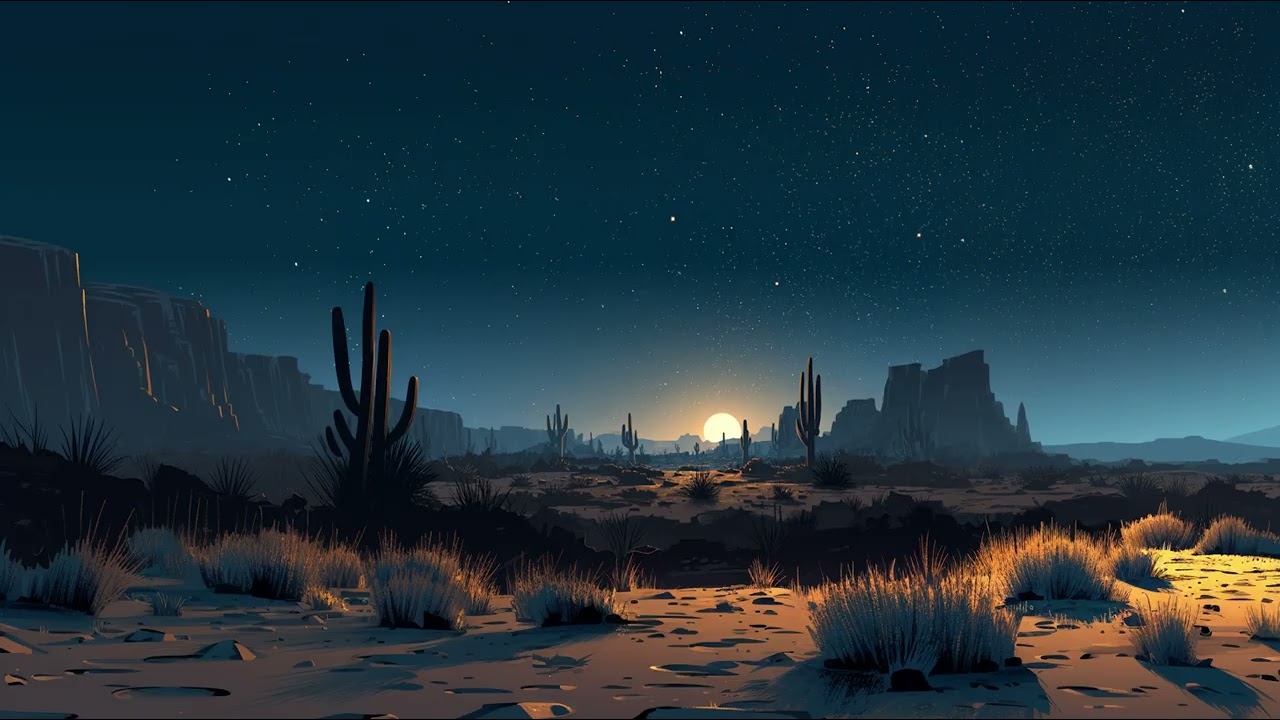 Soft acoustic guitar, subtle cinematic string textures, calm desert sunset atmosphere, relaxing