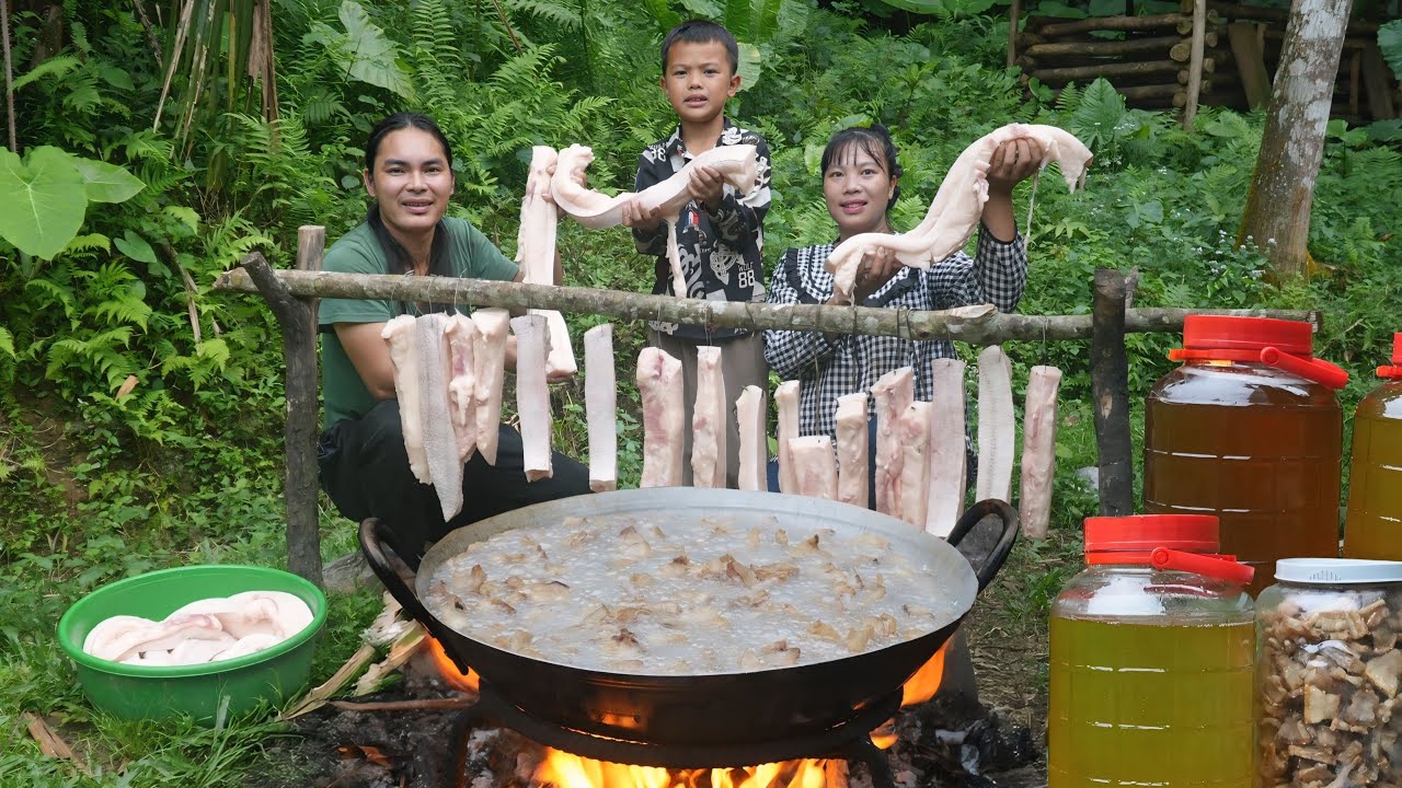 Process of making cooking oil from lard, how to fry crispy pork skin, farm life, SURVIVAL ALONE