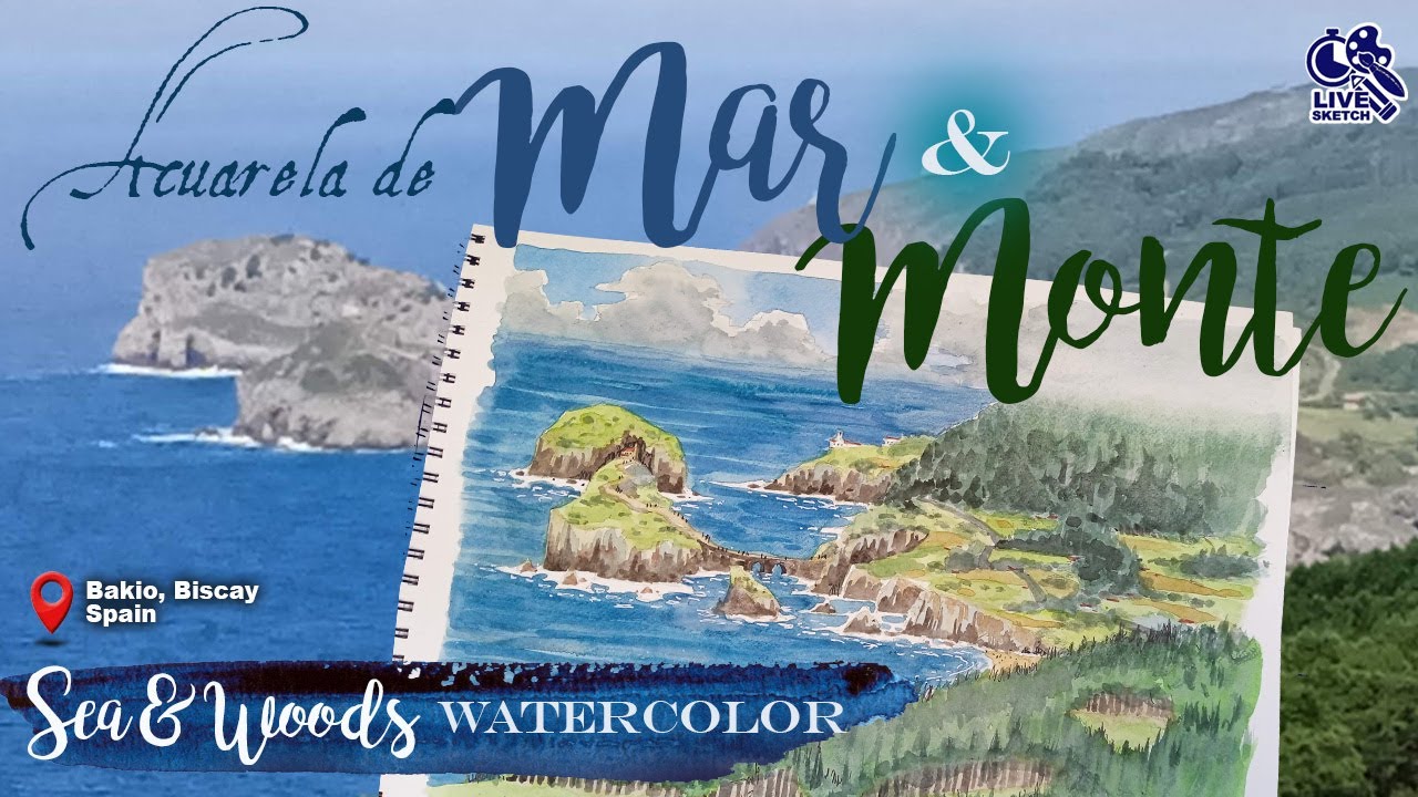 Dibuja el mar y el monte en acuarela. Dibujo en vivo. Plein air watercolor of a sea&woods landscape.