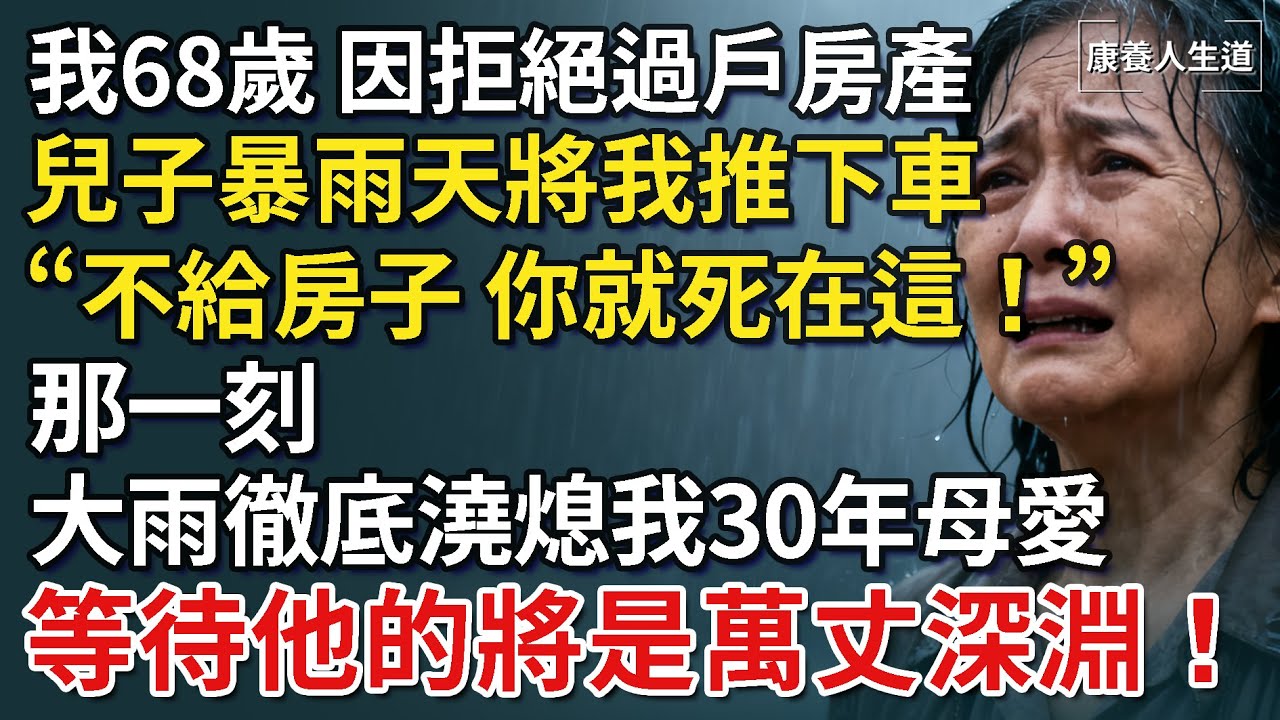 我68歲，因拒絕過戶房產，兒子暴雨天將我推下車，「不過戶房子，你就死在這！」那一刻，大雨徹底澆熄我30年母愛，等待他的將是萬丈深淵！【康養人生道】 #康養人生道 #上了年紀該明白的事 #養老