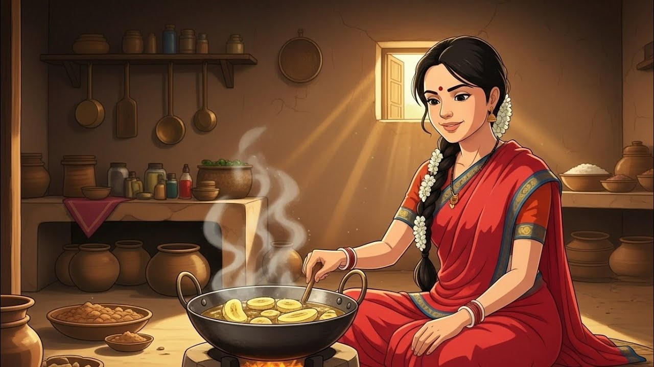 Day in Indian Village | Ghibli Sweet Family | Cooking Banana with Grandma | ASMR fire | #ghibli 