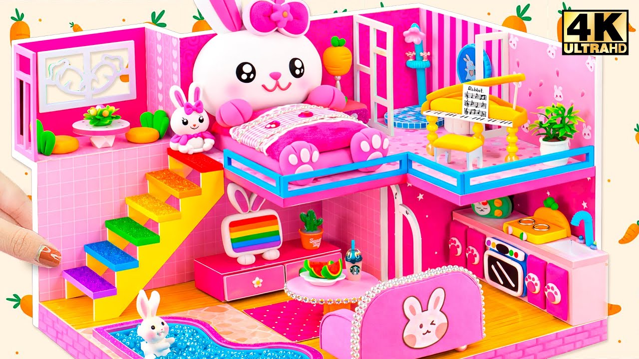 Make Super Cute Two Story Pink Bunny Dollhouse with Mini Pool & Rainbow Slide 💖  DIY Miniature House