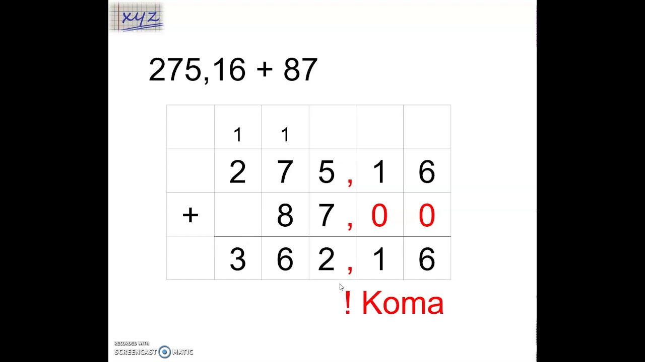 Naturaalarvu ja k&uuml;mnendmurru kirjalik liitmine