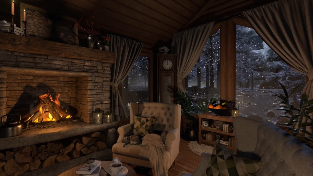 Winter River Cabin | Night Ambience | Log Fireplace, Wind, Snow & Blizzard Sounds