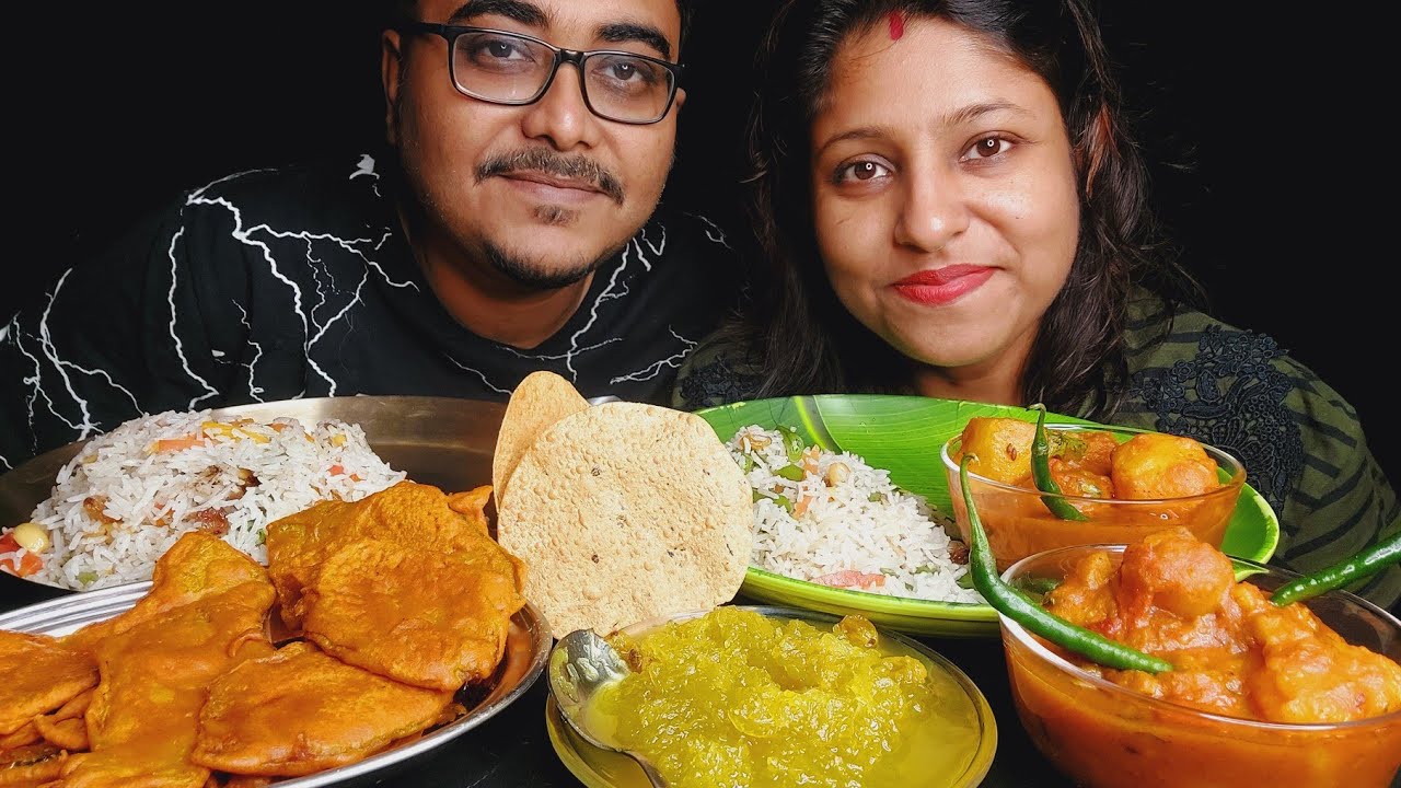 Eating Show - Vegetables Pulao, Spicy🔥Dum Aloo, Kumri, Papad, Pakora(Kumri)|ASMR mukbang huge eating