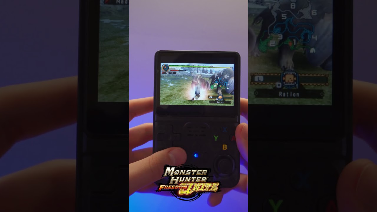 Monster Hunter Freedom Unite on R36S handheld console. Classic from the PSP #r36s #gaming