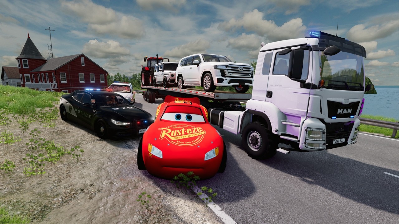 Triple Flatbed Trailer McQueen Transportation with Truck - Speedbumps vs Cars vs Train - BeamNG #4k